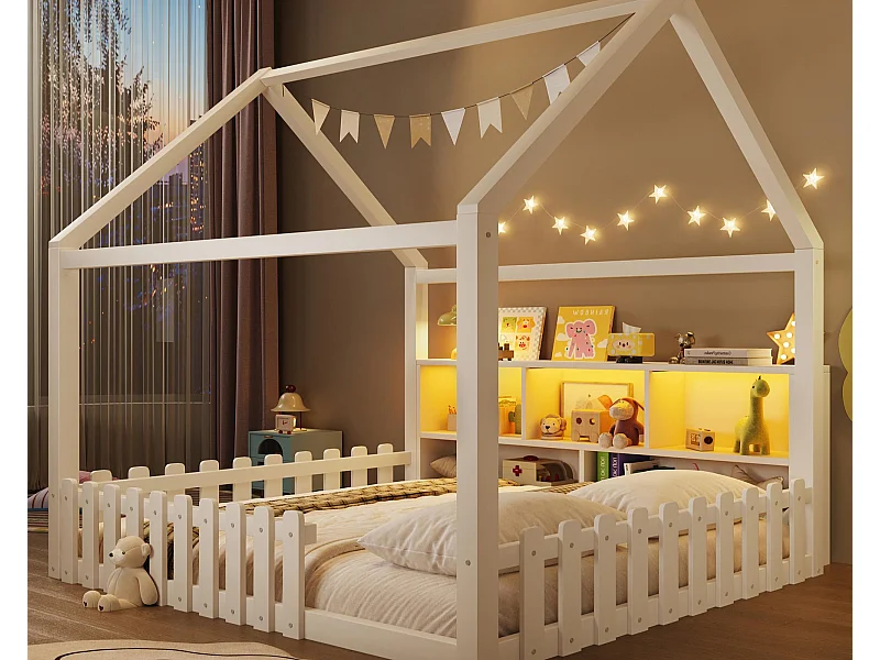 Lit cabane enfant 140x190 cm - avec barrières de sécurité - avec bande lumineuse LED - compartiments de rangement ouverts - blanc (matelas non inclus)