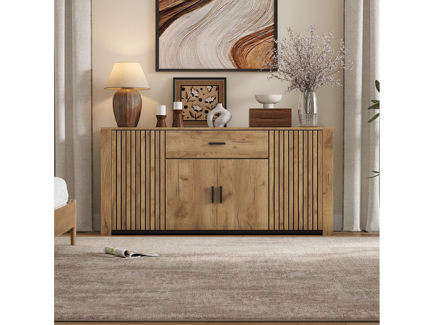 Buffet 160x40x75 cm - 4 portes et 1 tiroir - Étagères réglables - Finition bois - Panneaux de particules - Naturel