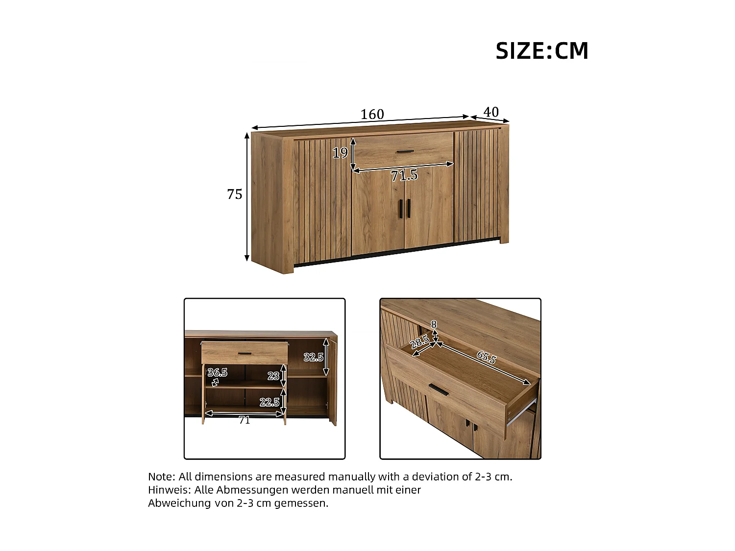 Buffet 160x40x75 cm - 4 portes et 1 tiroir - Étagères réglables - Finition bois - Panneaux de particules - Naturel