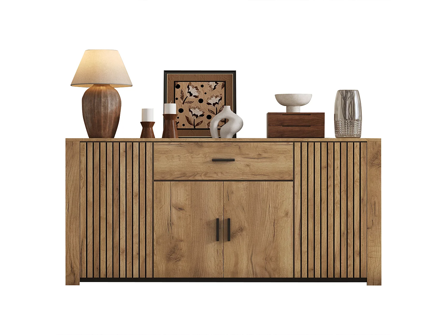 Buffet 160x40x75 cm - 4 portes et 1 tiroir - Étagères réglables - Finition bois - Panneaux de particules - Naturel