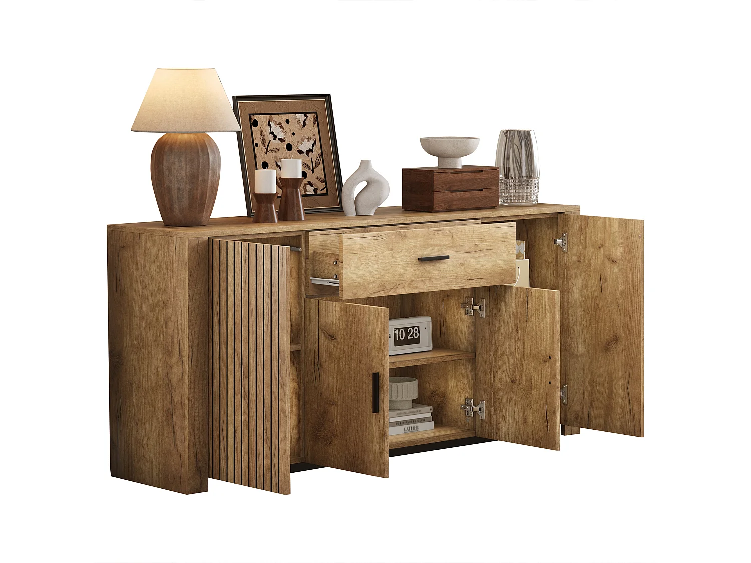 Buffet 160x40x75 cm - 4 portes et 1 tiroir - Étagères réglables - Finition bois - Panneaux de particules - Naturel