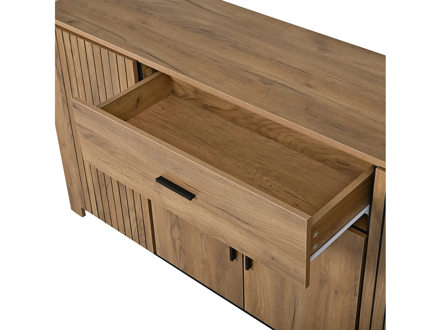 Buffet 160x40x75 cm - 4 portes et 1 tiroir - Étagères réglables - Finition bois - Panneaux de particules - Naturel