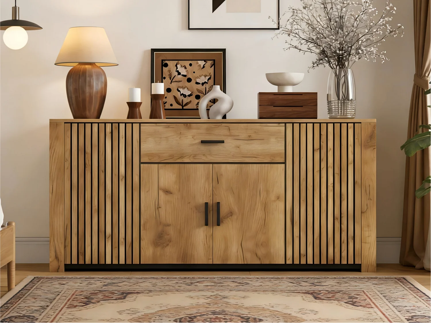 Buffet 160x40x75 cm - 4 portes et 1 tiroir - Étagères réglables - Finition bois - Panneaux de particules - Naturel