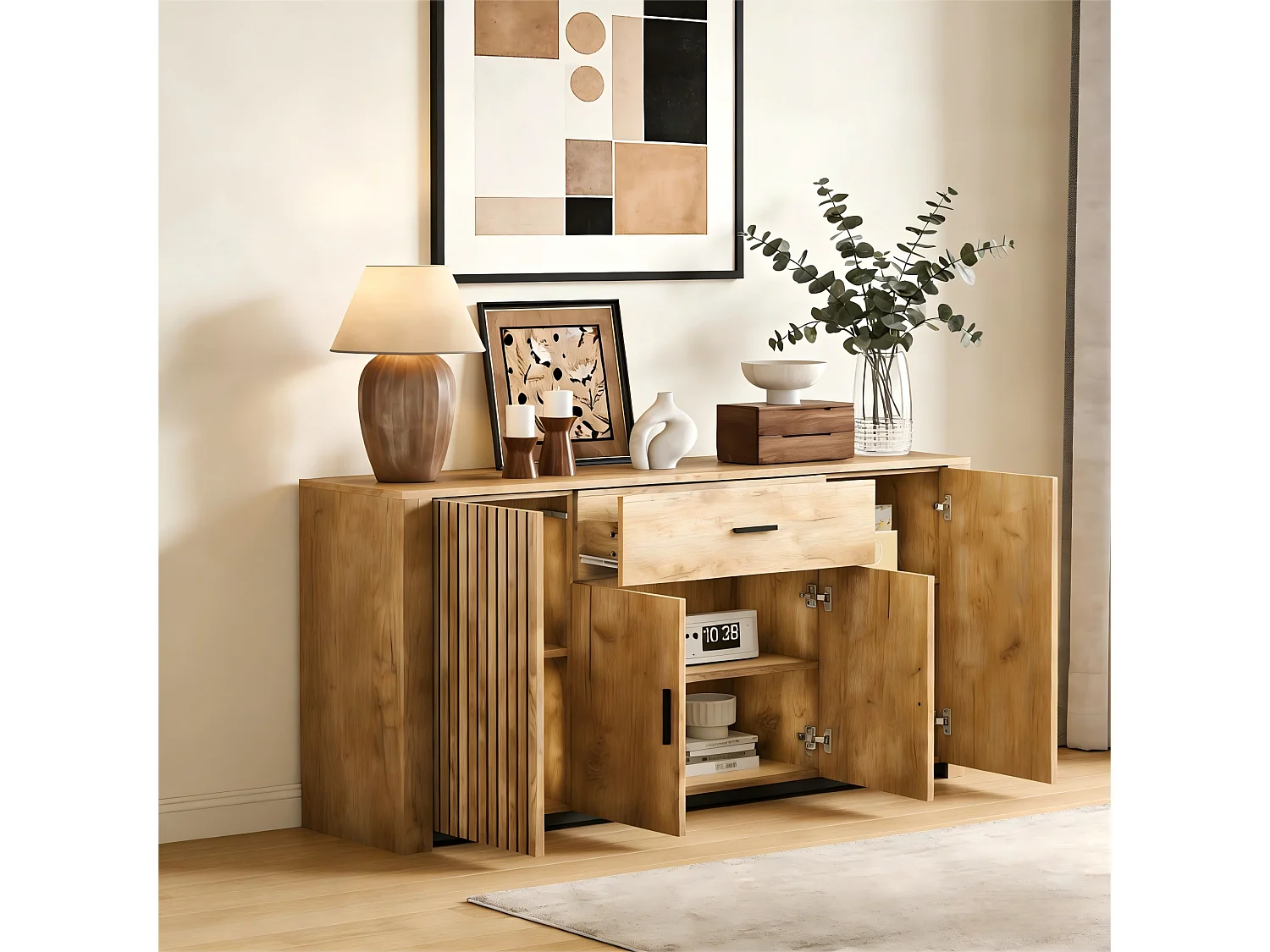 Buffet 160x40x75 cm - 4 portes et 1 tiroir - Étagères réglables - Finition bois - Panneaux de particules - Naturel