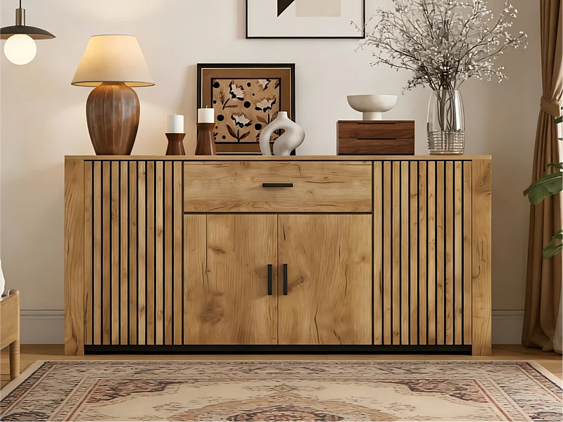 Buffet 160x40x75 cm - 4 portes et 1 tiroir - Étagères réglables - Finition bois - Panneaux de particules - Naturel