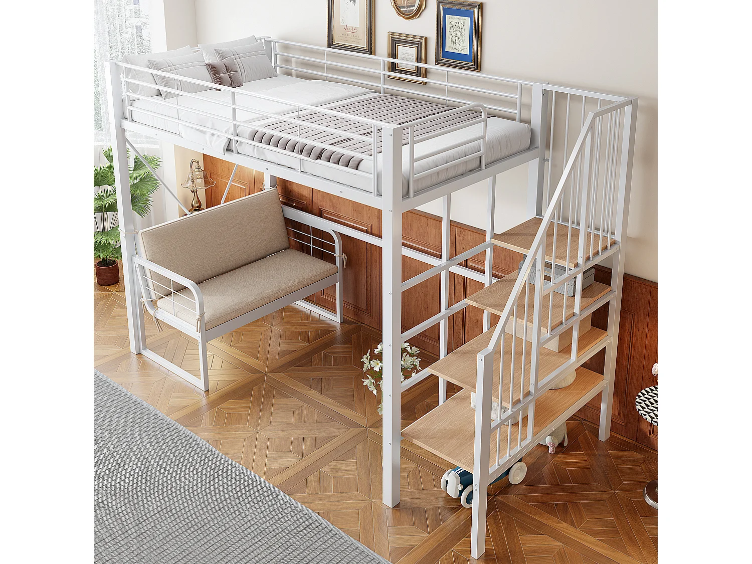 Lit mezzanine 90 x 200 cm - Structure en métal - Avec canapé - Avec escalier - blanc (matelas non inclus)