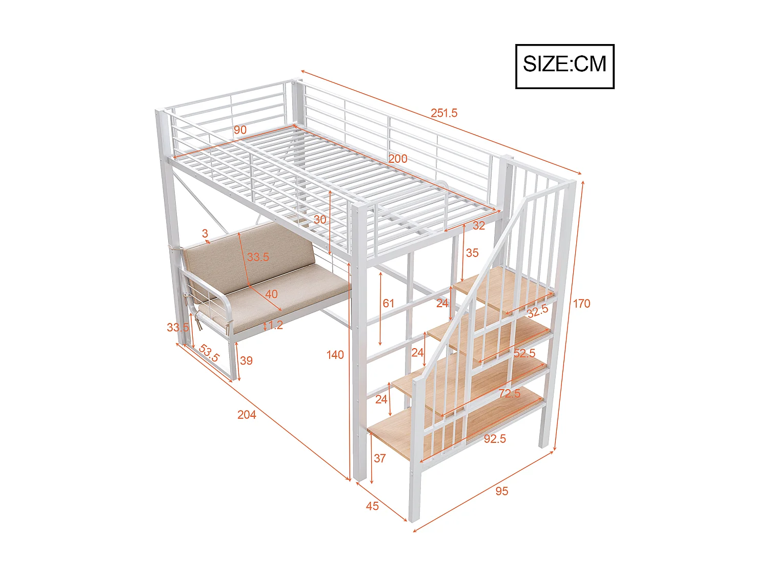 Lit mezzanine 90 x 200 cm - Structure en métal - Avec canapé - Avec escalier - blanc (matelas non inclus)