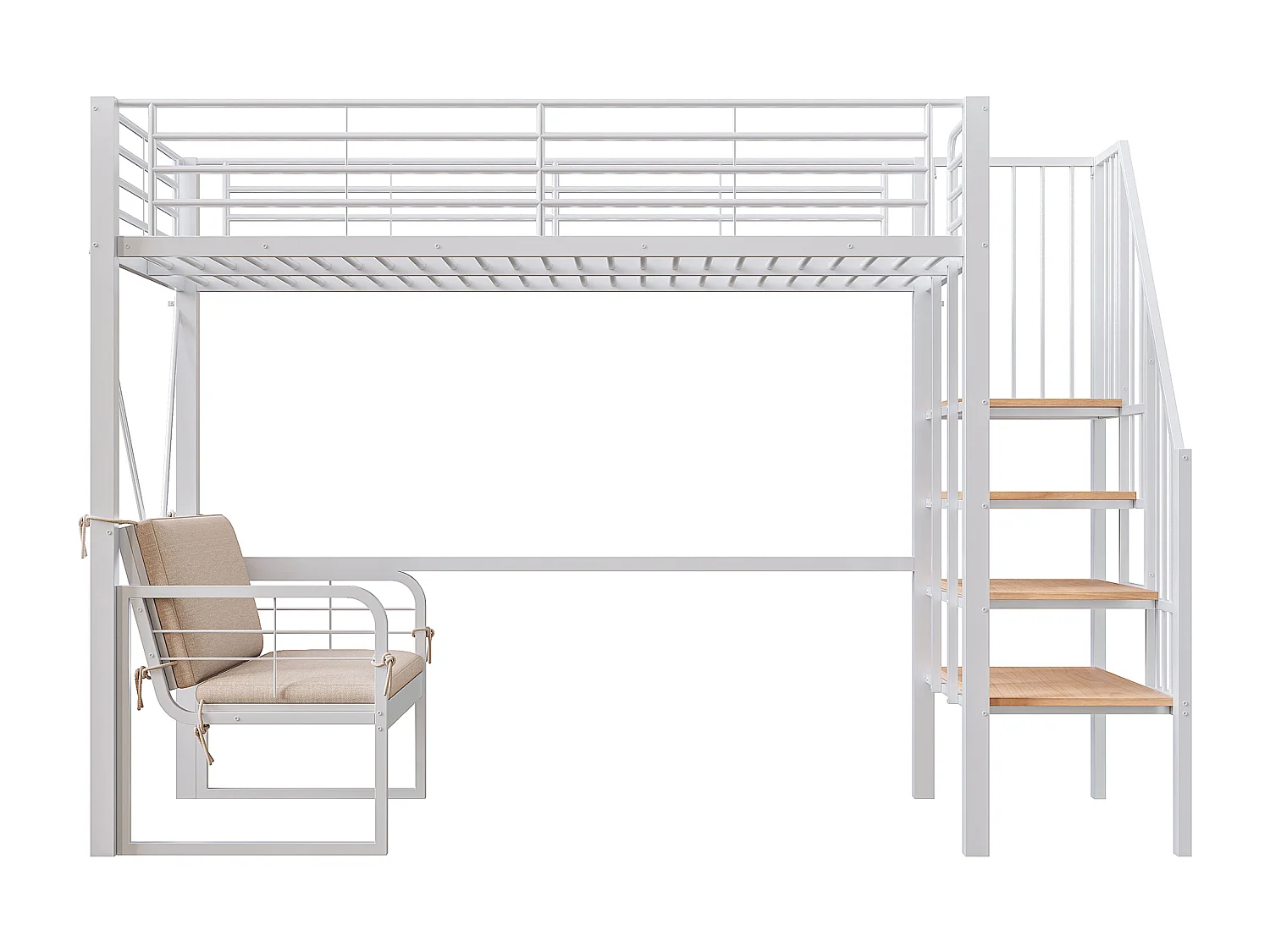 Lit mezzanine 90 x 200 cm - Structure en métal - Avec canapé - Avec escalier - blanc (matelas non inclus)