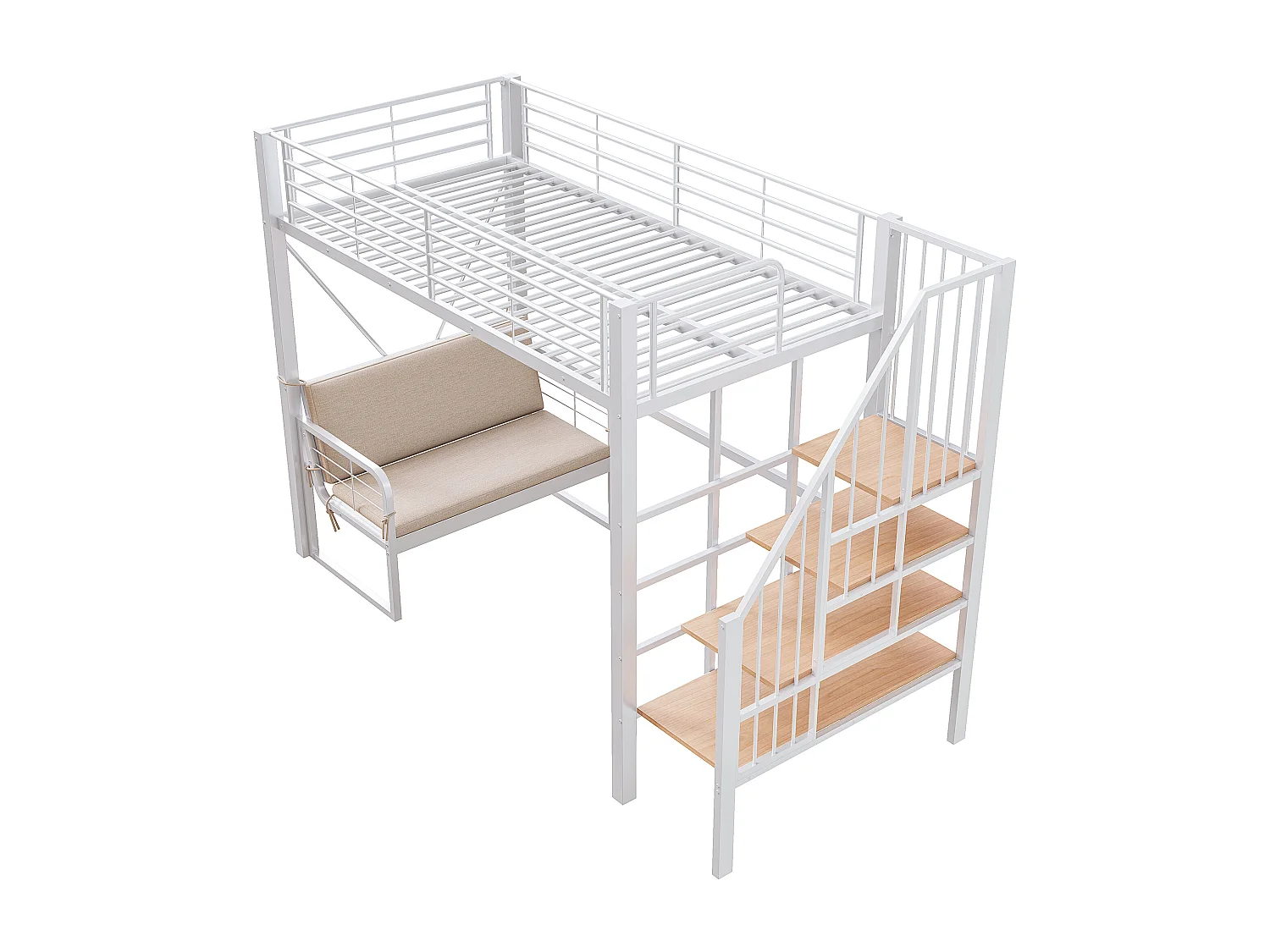 Lit mezzanine 90 x 200 cm - Structure en métal - Avec canapé - Avec escalier - blanc (matelas non inclus)