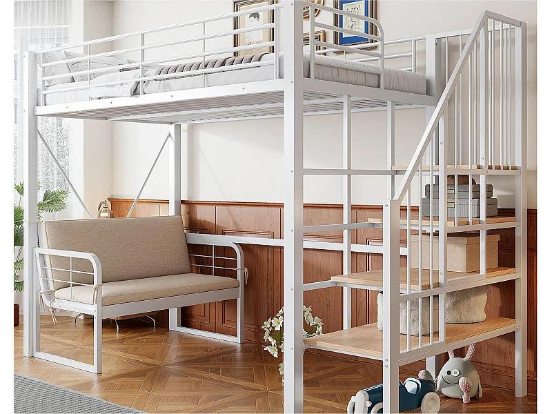 Hoogslaper 90 x 200 cm - Metalen constructie - Met bank - Met ladder - wit​ (matras niet inbegrepen)