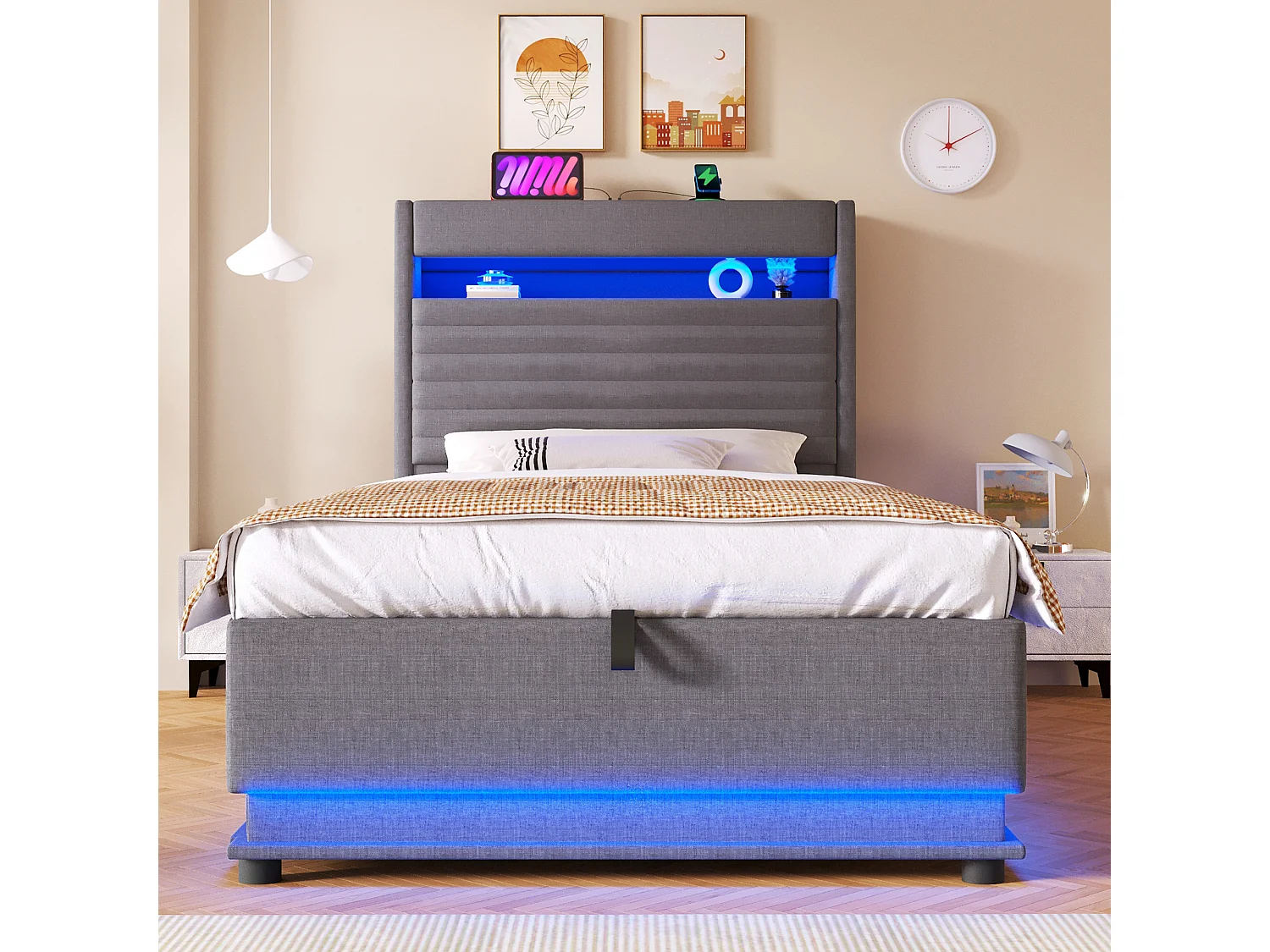 Lit coffre rembourré 90x200 cm - avec port USB Type-C - avec éclairage LED - avec compartiment de rangement - gris (matelas non inclus)