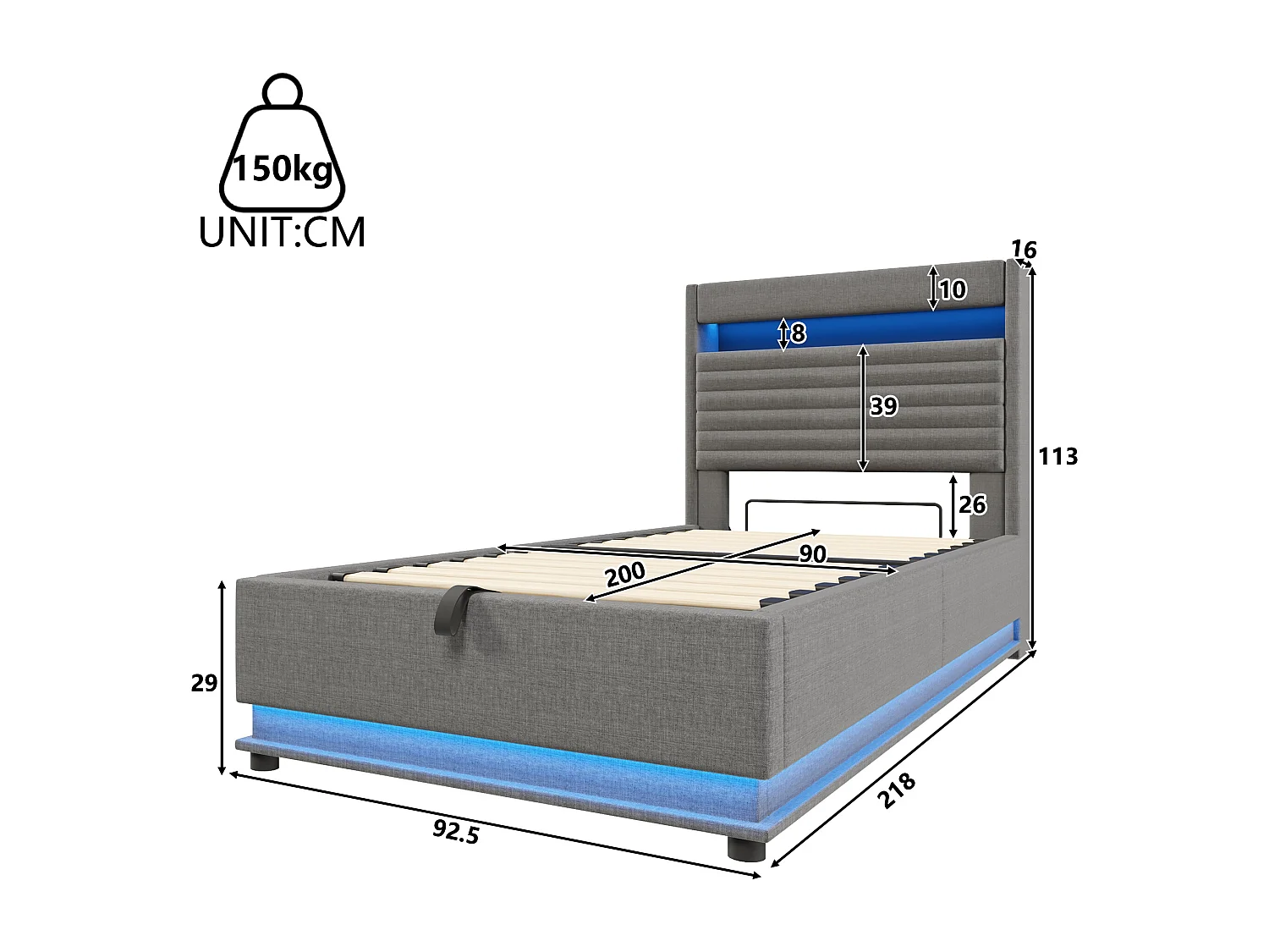 Lit coffre rembourré 90x200 cm - avec port USB Type-C - avec éclairage LED - avec compartiment de rangement - gris (matelas non inclus)