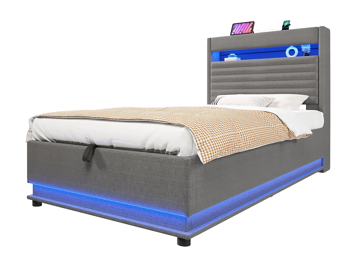 Lit coffre rembourré 90x200 cm - avec port USB Type-C - avec éclairage LED - avec compartiment de rangement - gris (matelas non inclus)