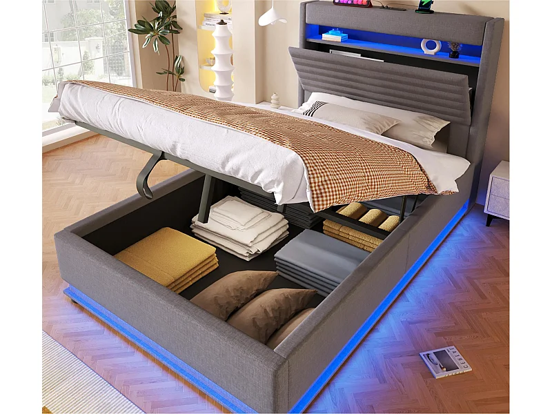 Lit coffre rembourré 90x200 cm - avec port USB Type-C - avec éclairage LED - avec compartiment de rangement - gris (matelas non inclus)