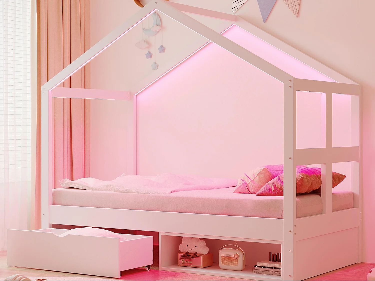 Lit cabane enfant 90×190 cm - avec 1 tiroir - avec lumière LED - sommier à lattes - blanc (matelas non inclus)