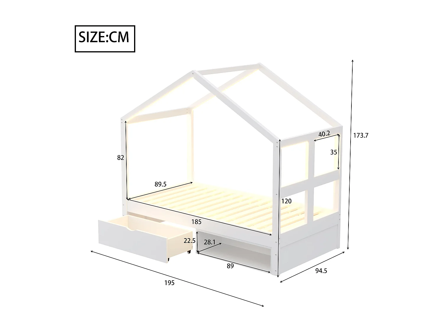 Lit cabane enfant 90×190 cm - avec 1 tiroir - avec lumière LED - sommier à lattes - blanc (matelas non inclus)