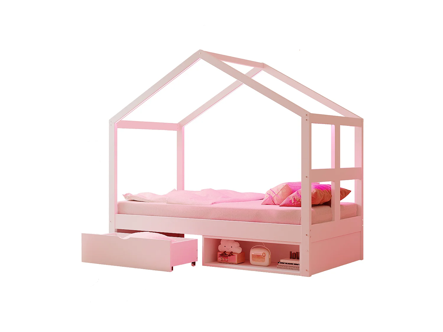Lit cabane enfant 90×190 cm - avec 1 tiroir - avec lumière LED - sommier à lattes - blanc (matelas non inclus)