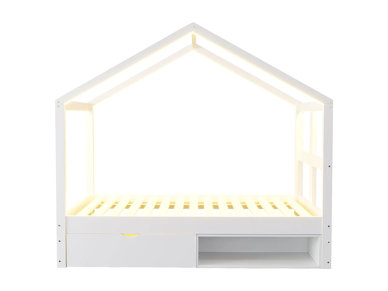 Lit cabane enfant 90×190 cm - avec 1 tiroir - avec lumière LED - sommier à lattes - blanc (matelas non inclus)