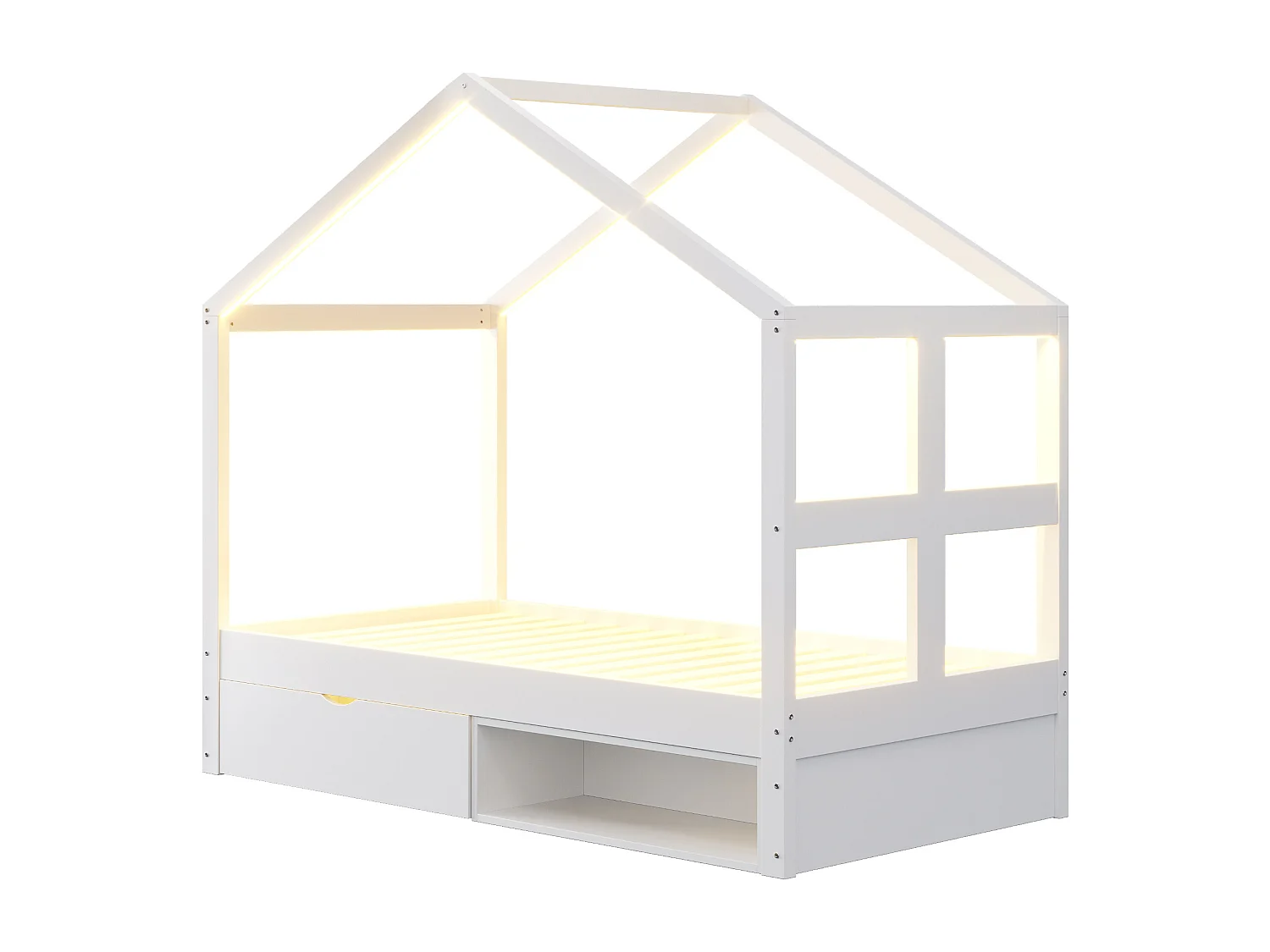 Lit cabane enfant 90×190 cm - avec 1 tiroir - avec lumière LED - sommier à lattes - blanc (matelas non inclus)