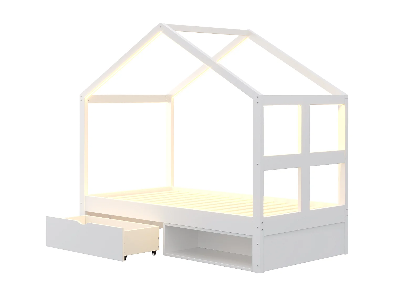 Lit cabane enfant 90×190 cm - avec 1 tiroir - avec lumière LED - sommier à lattes - blanc (matelas non inclus)