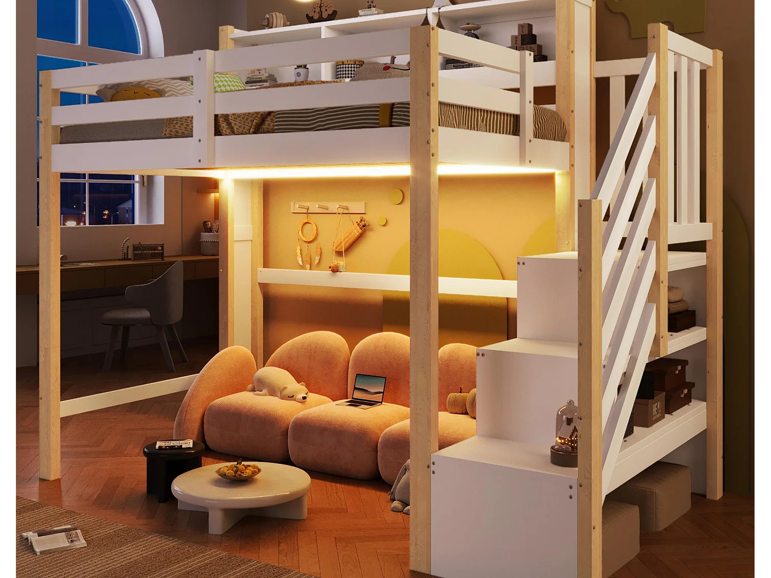 Lit mezzanine 90x200cm - avec éclairage LED - avec échelle de rangement - Blanc + Naturel (matelas non inclus)