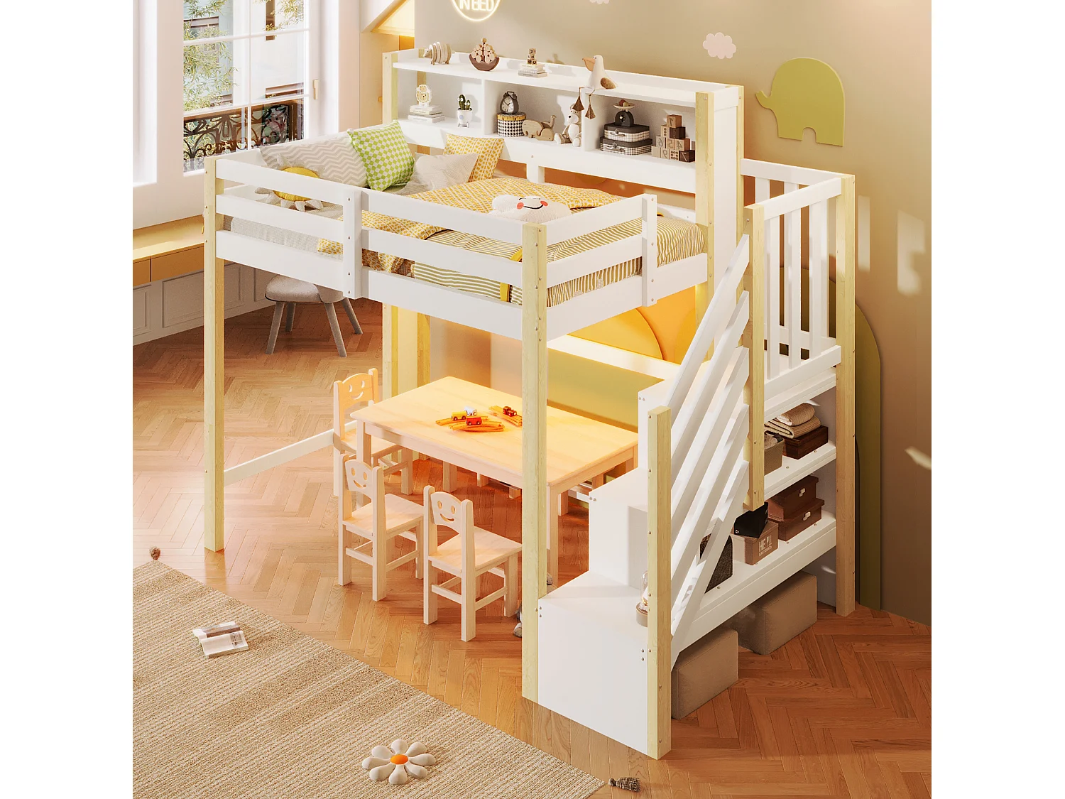 Lit mezzanine 90x200cm - avec éclairage LED - avec échelle de rangement - Blanc + Naturel (matelas non inclus)