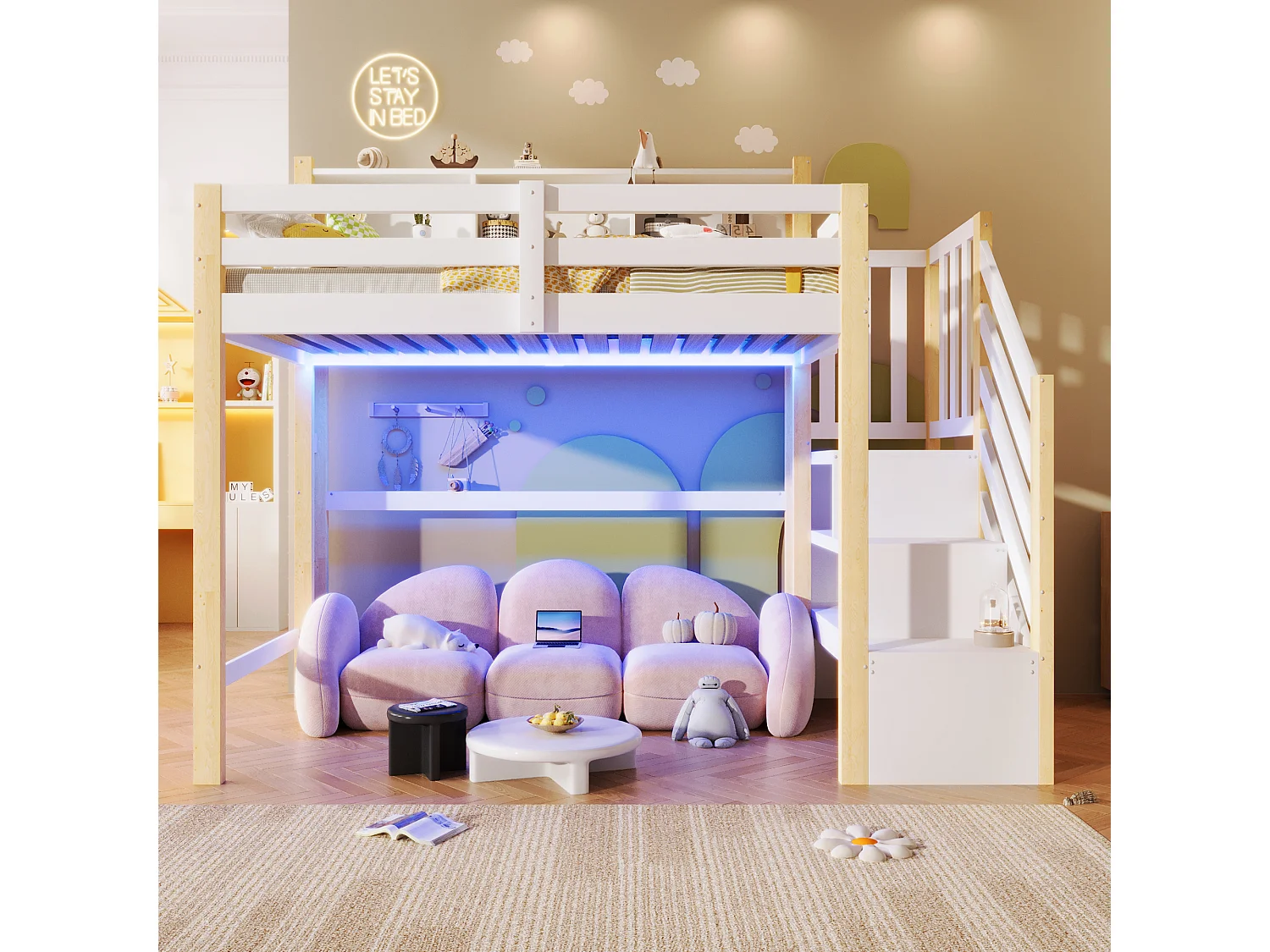 Lit mezzanine 90x200cm - avec éclairage LED - avec échelle de rangement - Blanc + Naturel (matelas non inclus)