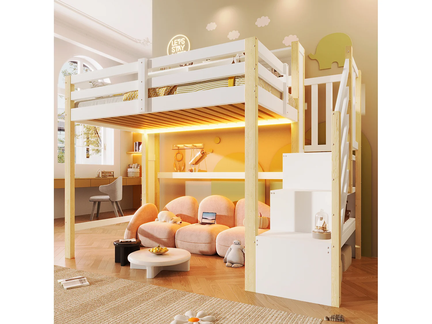 Lit mezzanine 90x200cm - avec éclairage LED - avec échelle de rangement - Blanc + Naturel (matelas non inclus)