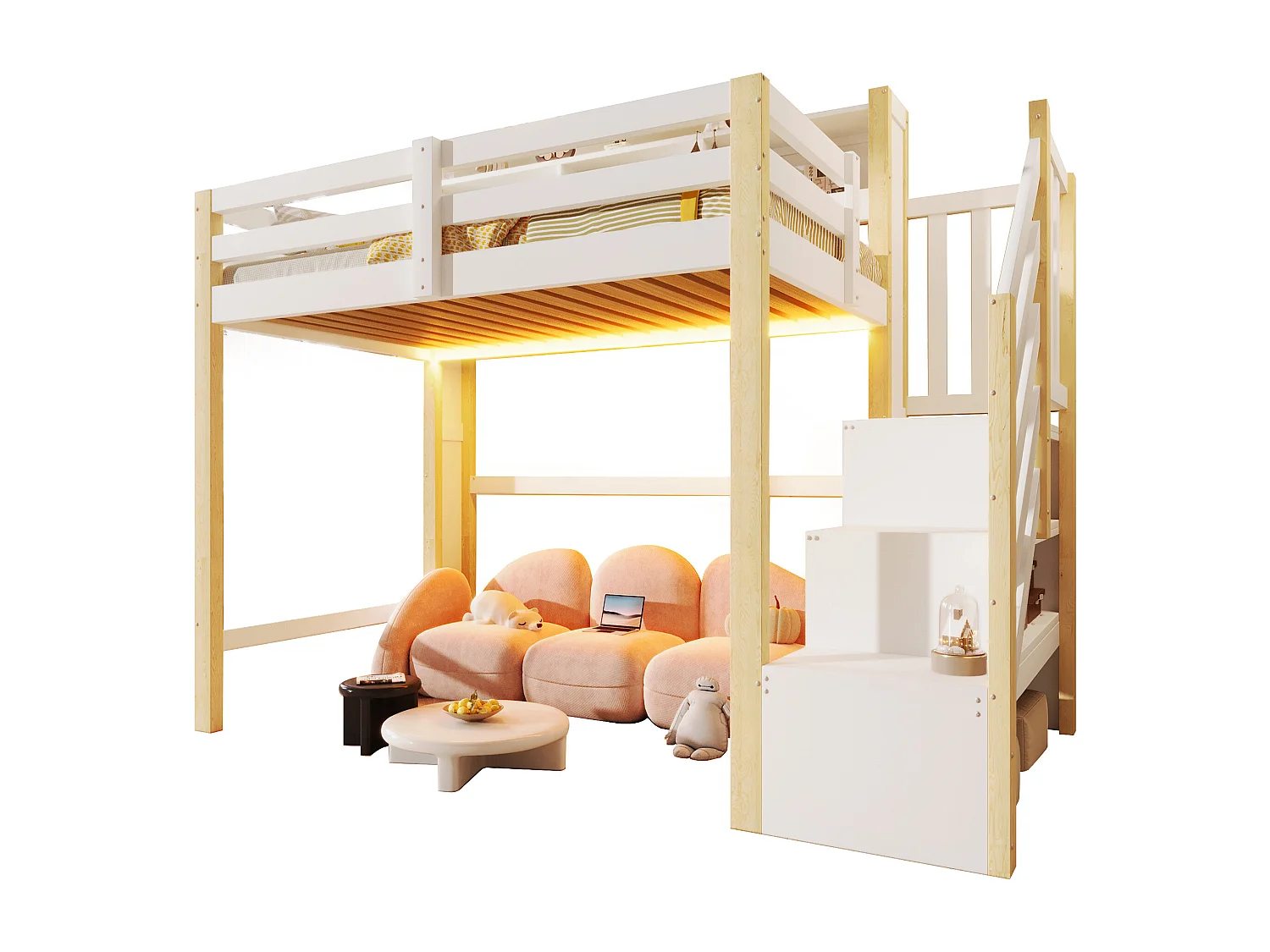 Lit mezzanine 90x200cm - avec éclairage LED - avec échelle de rangement - Blanc + Naturel (matelas non inclus)