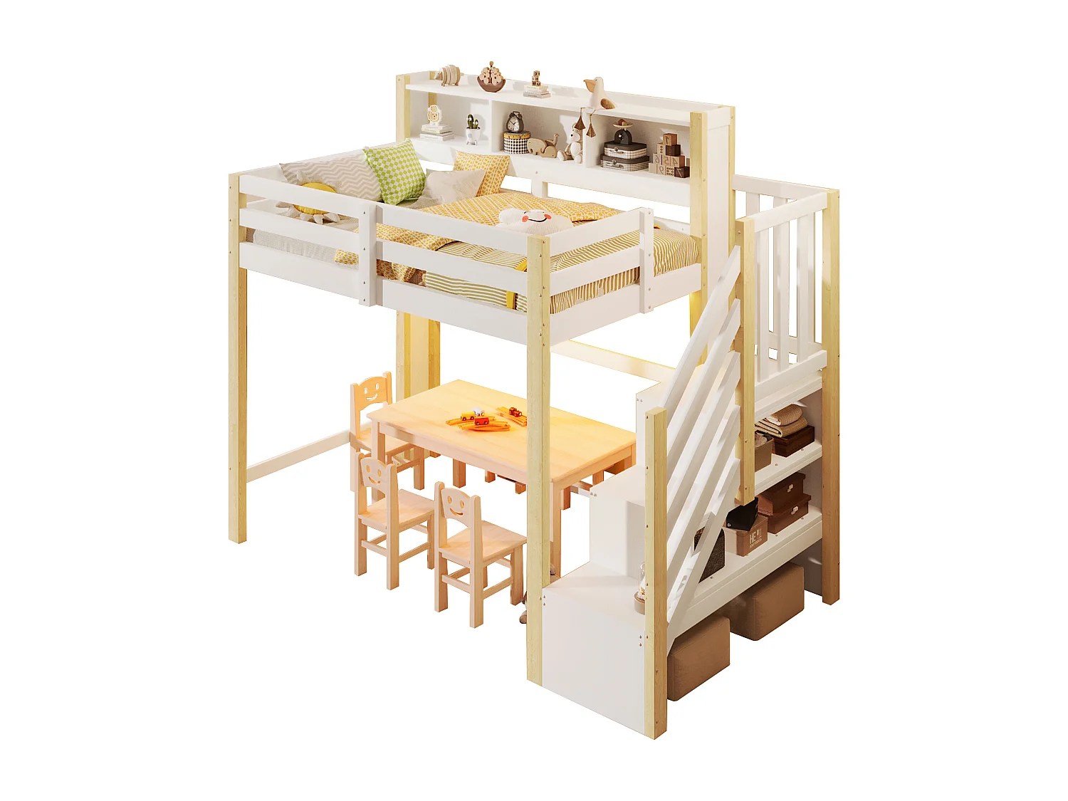 Lit mezzanine 90x200cm - avec éclairage LED - avec échelle de rangement - Blanc + Naturel (matelas non inclus)