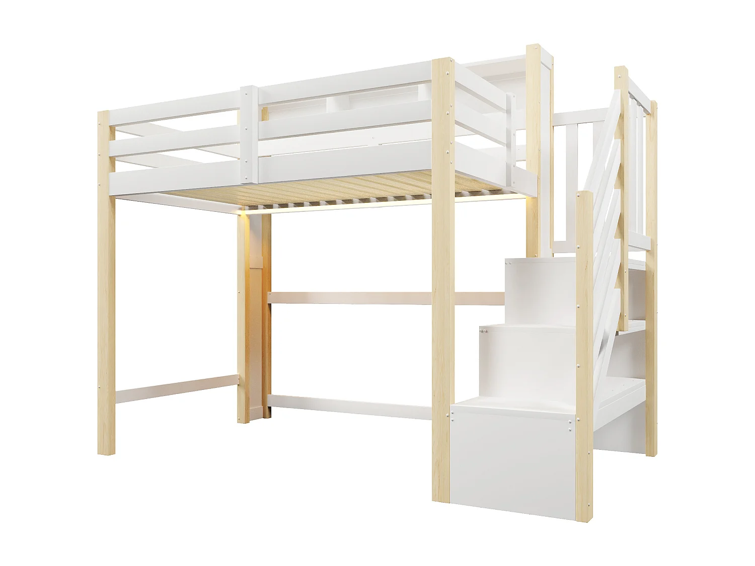 Lit mezzanine 90x200cm - avec éclairage LED - avec échelle de rangement - Blanc + Naturel (matelas non inclus)