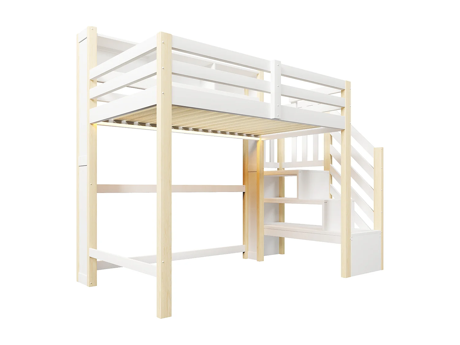 Lit mezzanine 90x200cm - avec éclairage LED - avec échelle de rangement - Blanc + Naturel (matelas non inclus)
