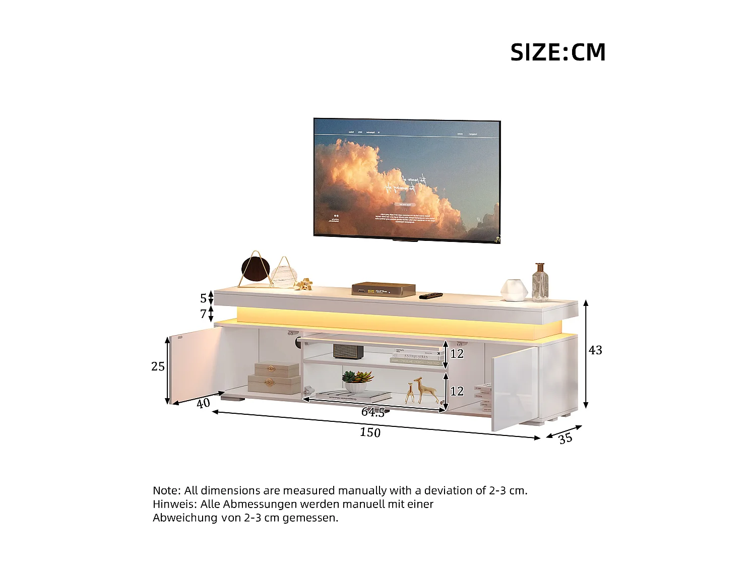 Hochglanz lackierter TV-Schrank 150x35x43 cm - 3 Türen + 4 Aufbewahrungsfächer - LED-Beleuchtung - Spanplatten - Weiß