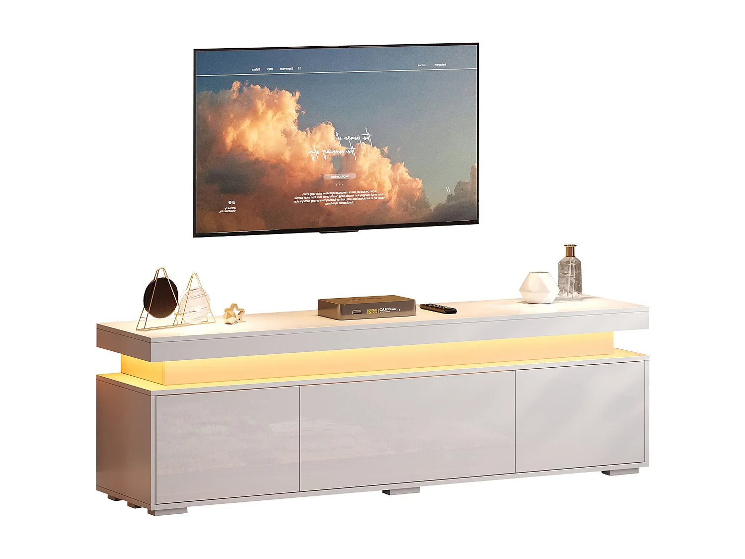Hochglanz lackierter TV-Schrank 150x35x43 cm - 3 Türen + 4 Aufbewahrungsfächer - LED-Beleuchtung - Spanplatten - Weiß