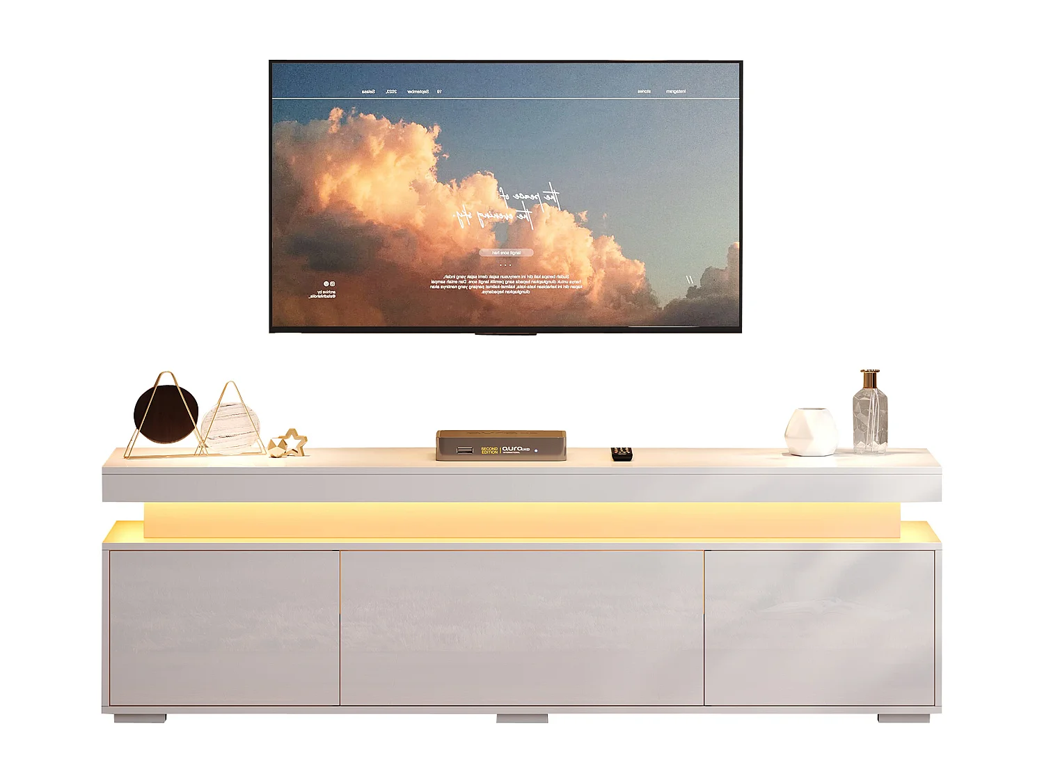 Hochglanz lackierter TV-Schrank 150x35x43 cm - 3 Türen + 4 Aufbewahrungsfächer - LED-Beleuchtung - Spanplatten - Weiß