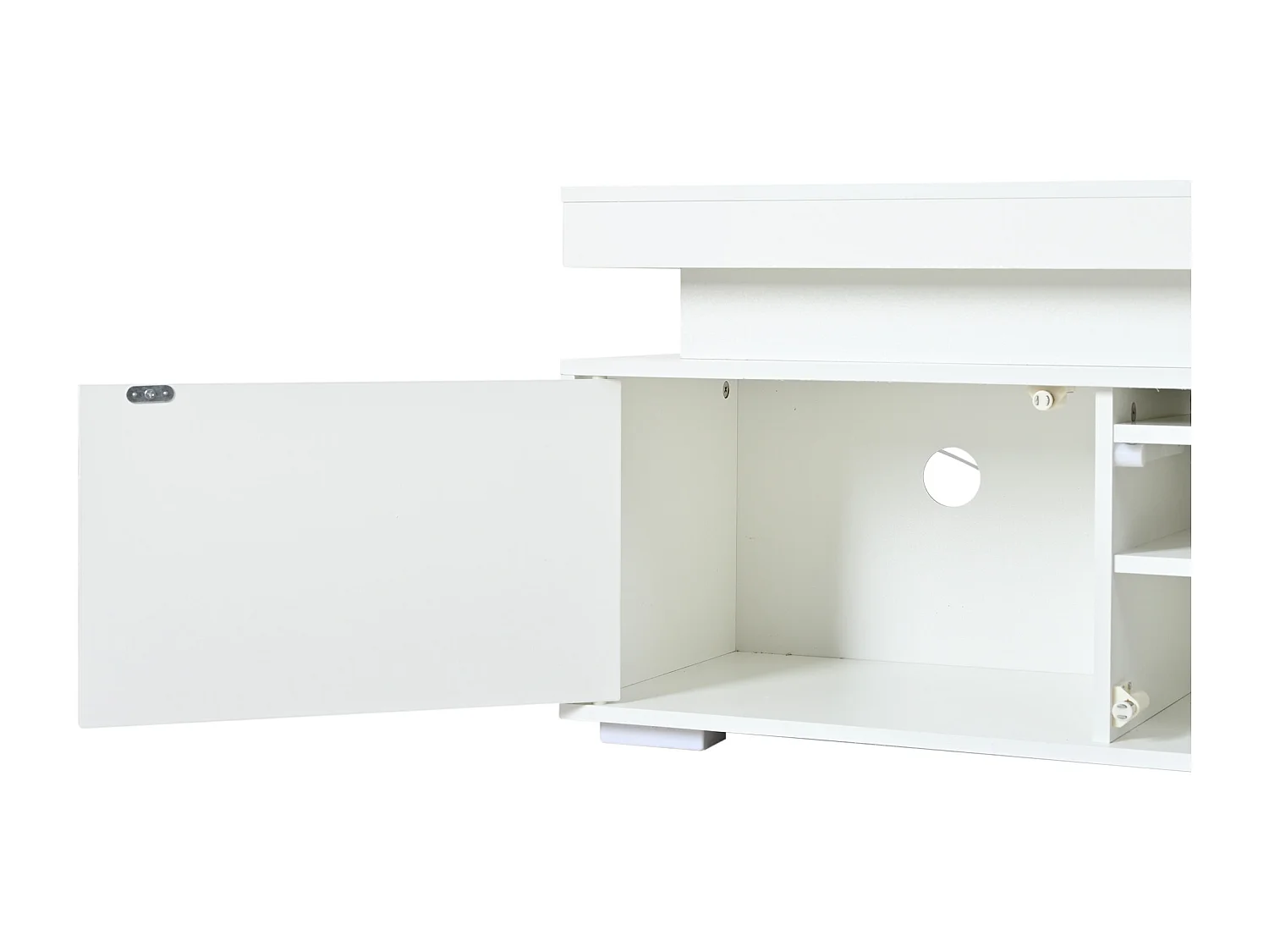 Hochglanz lackierter TV-Schrank 150x35x43 cm - 3 Türen + 4 Aufbewahrungsfächer - LED-Beleuchtung - Spanplatten - Weiß