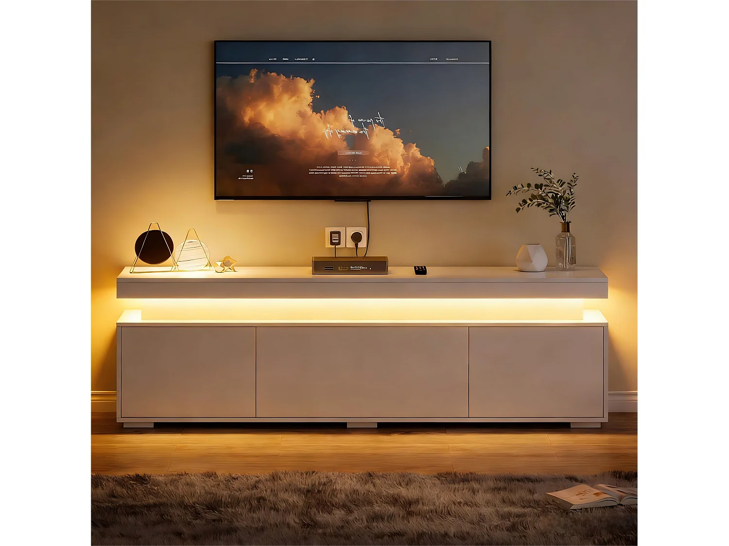 Hochglanz lackierter TV-Schrank 150x35x43 cm - 3 Türen + 4 Aufbewahrungsfächer - LED-Beleuchtung - Spanplatten - Weiß