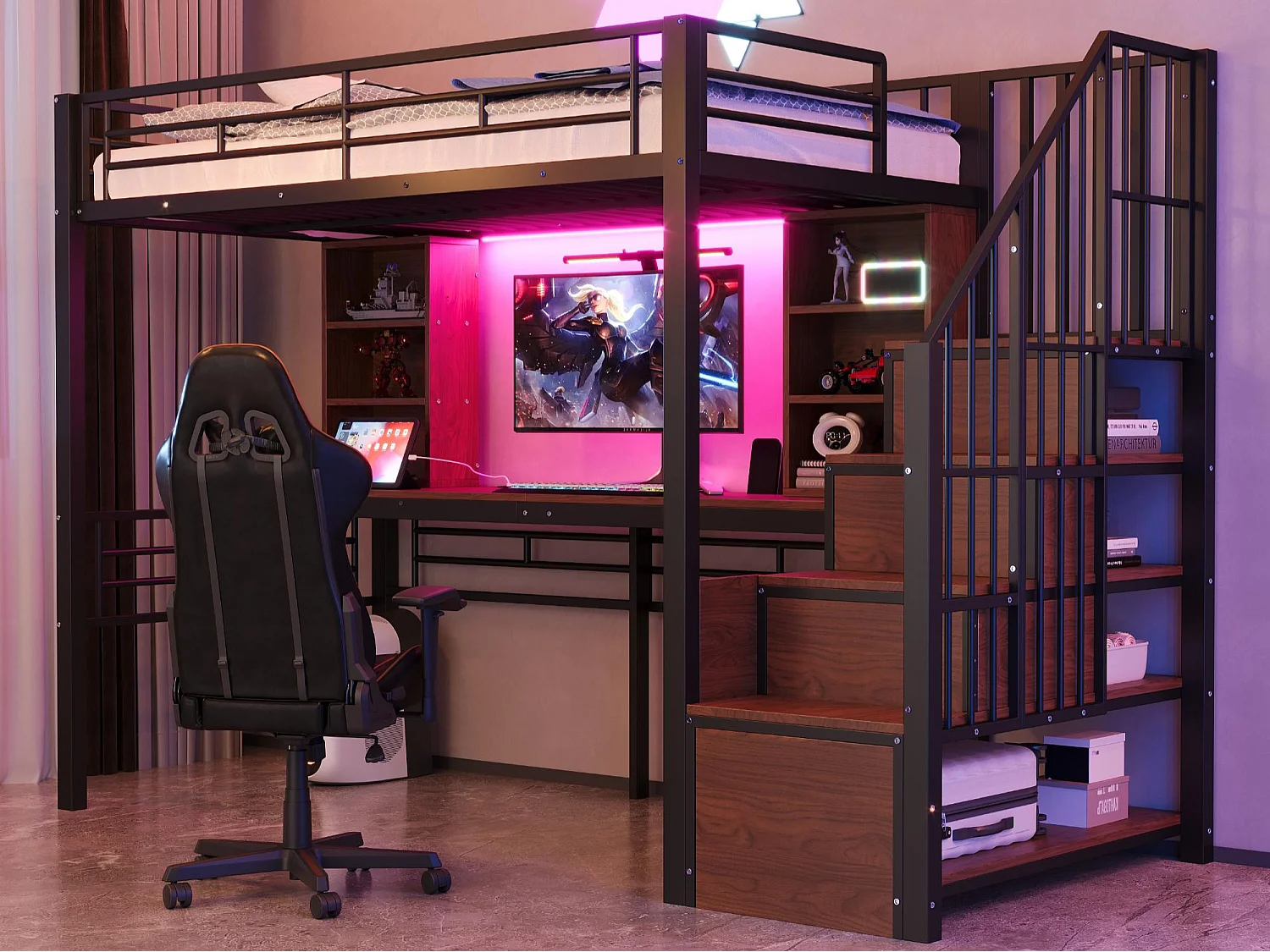 Lit mezzanine 90 x 200 cm - avec étagères - avec bureau - avec prise électrique - avec éclairage LED - avec escalier - noir (matelas non inclus)