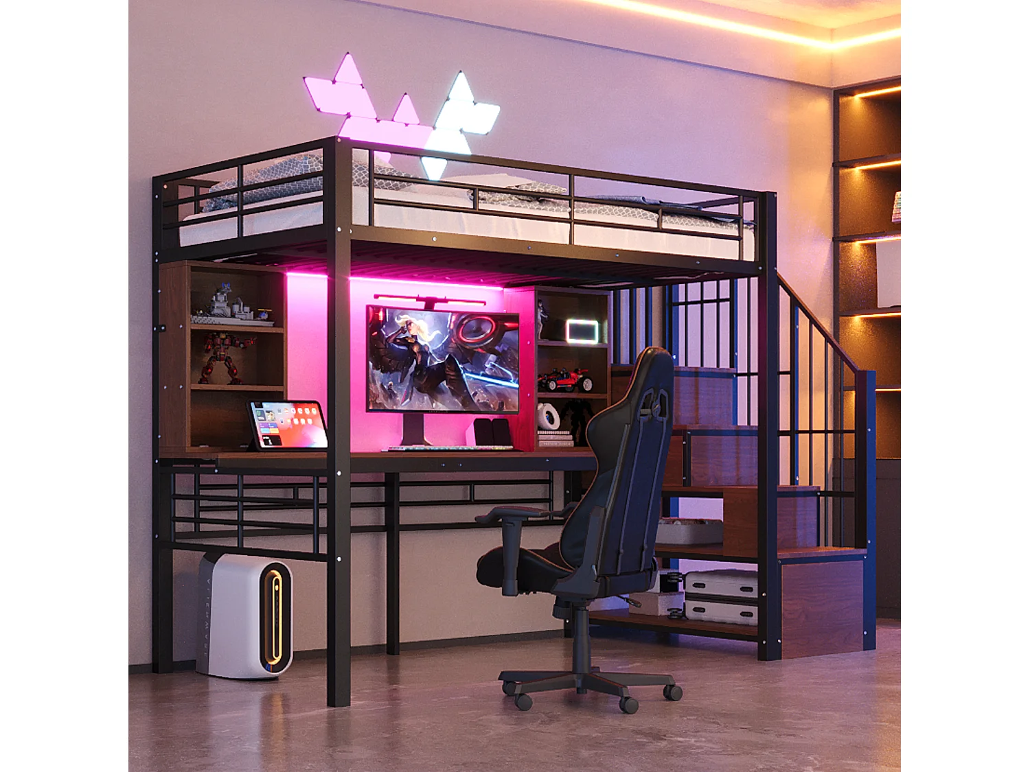 Lit mezzanine 90 x 200 cm - avec étagères - avec bureau - avec prise électrique - avec éclairage LED - avec escalier - noir (matelas non inclus)