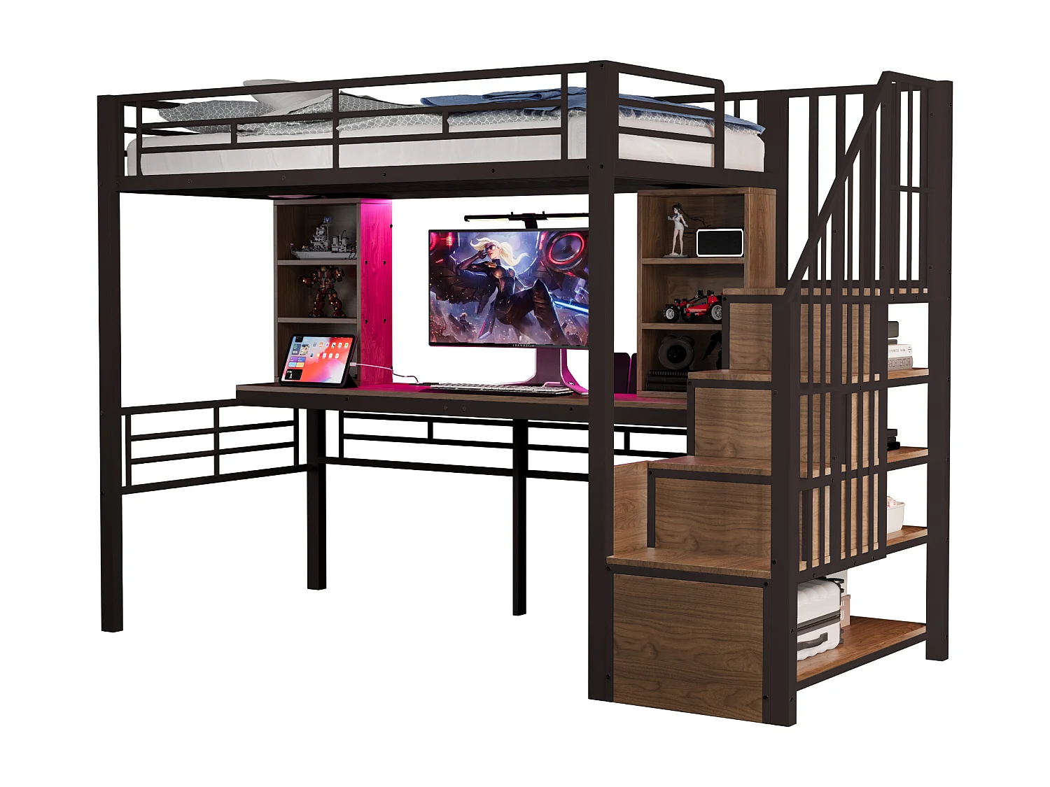Lit mezzanine 90 x 200 cm - avec étagères - avec bureau - avec prise électrique - avec éclairage LED - avec escalier - noir (matelas non inclus)