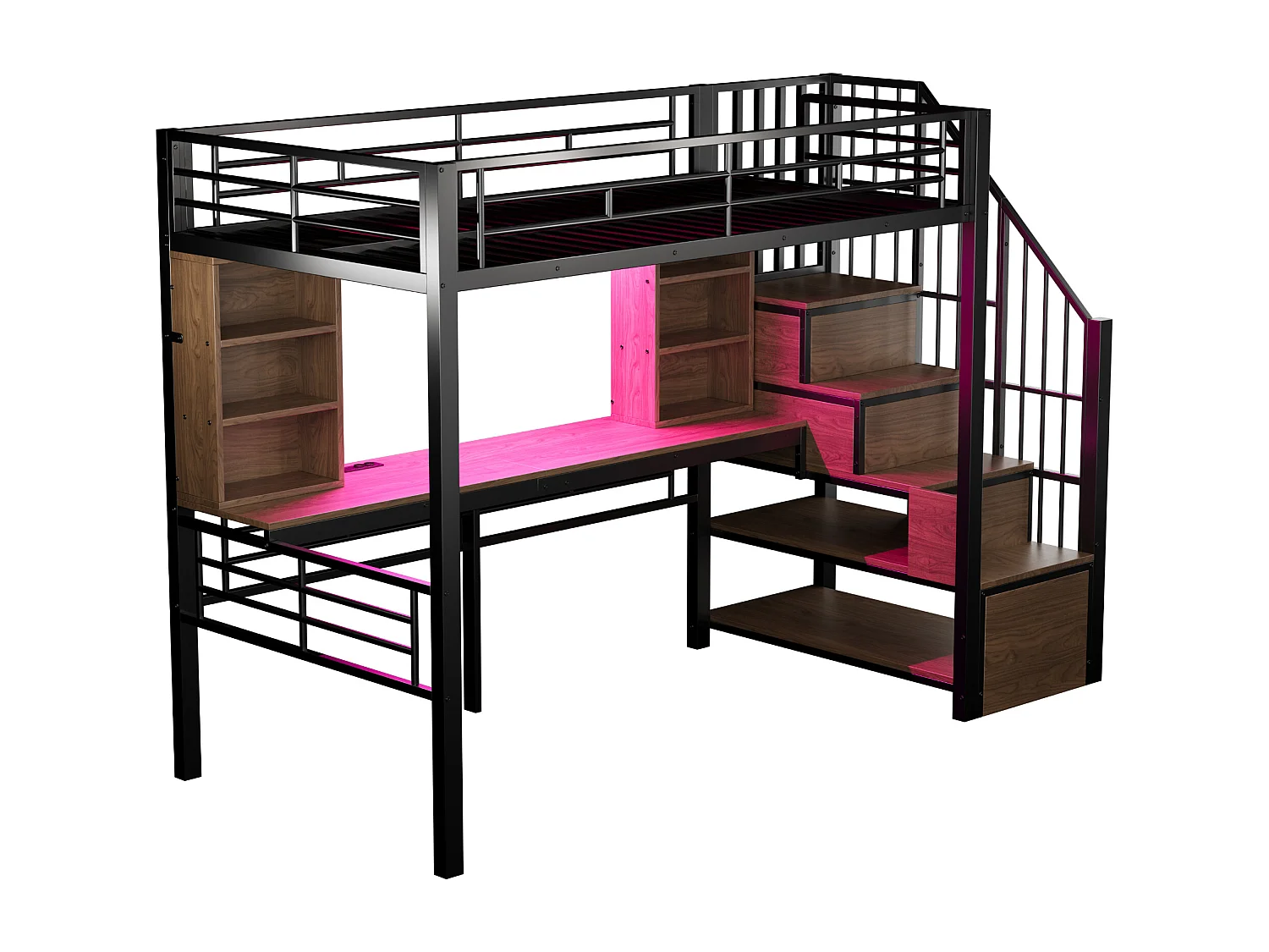 Lit mezzanine 90 x 200 cm - avec étagères - avec bureau - avec prise électrique - avec éclairage LED - avec escalier - noir (matelas non inclus)