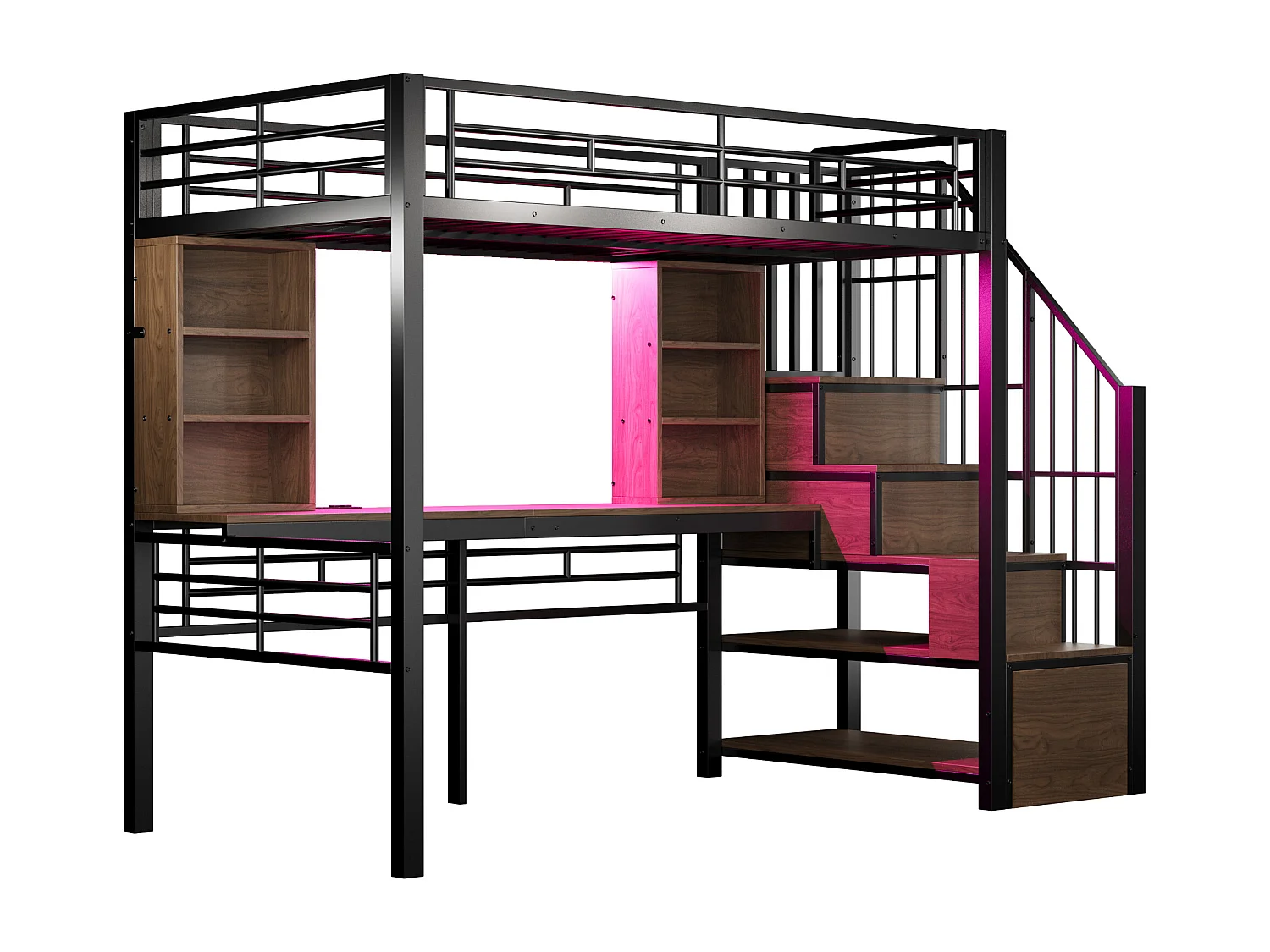 Lit mezzanine 90 x 200 cm - avec étagères - avec bureau - avec prise électrique - avec éclairage LED - avec escalier - noir (matelas non inclus)