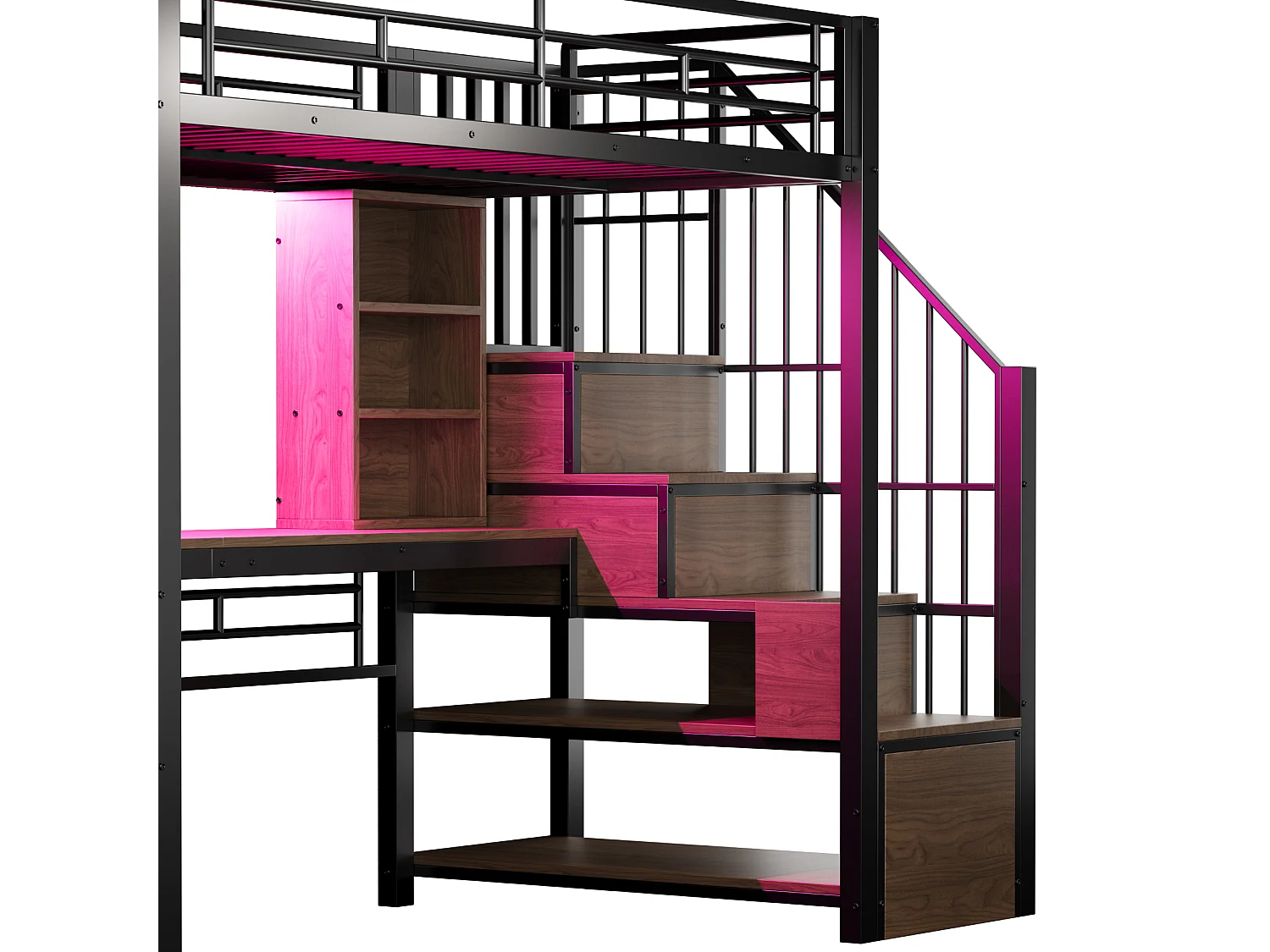 Lit mezzanine 90 x 200 cm - avec étagères - avec bureau - avec prise électrique - avec éclairage LED - avec escalier - noir (matelas non inclus)