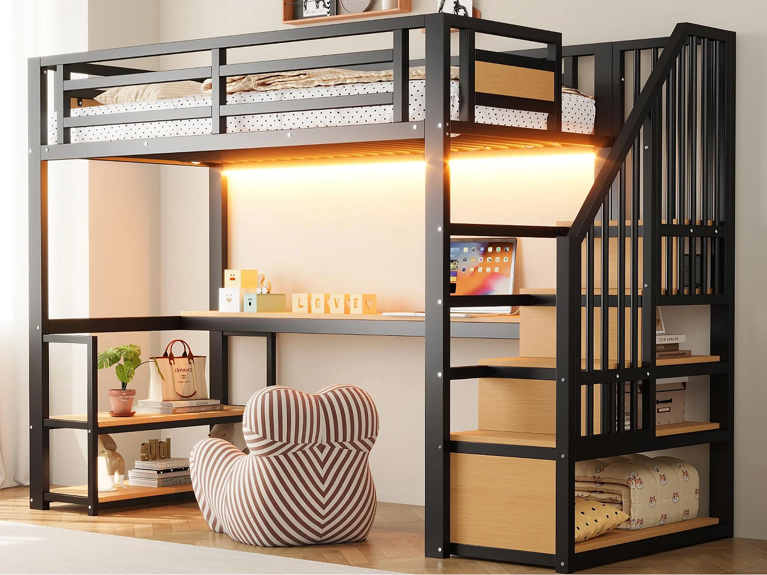 Metalen hoogslaper 90x200 - met LED-verlichting - met stopcontact - met opbergtrap - met planken + tafel - zwart​ (Matras niet inbegrepen)