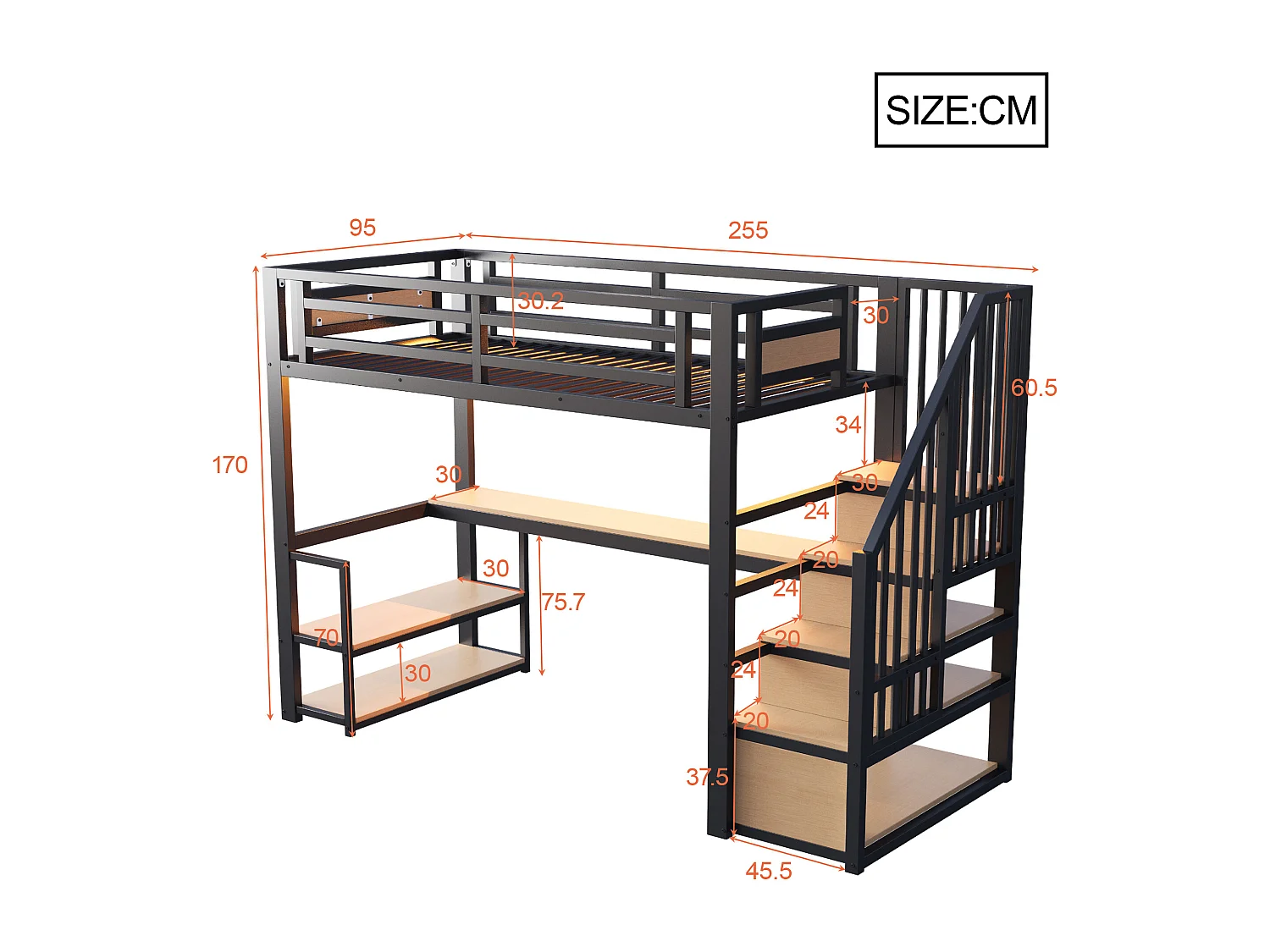 Metalen hoogslaper 90x200 - met LED-verlichting - met stopcontact - met opbergtrap - met planken + tafel - zwart​ (Matras niet inbegrepen)