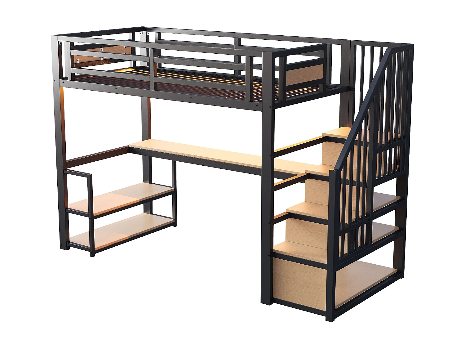 Metalen hoogslaper 90x200 - met LED-verlichting - met stopcontact - met opbergtrap - met planken + tafel - zwart​ (Matras niet inbegrepen)