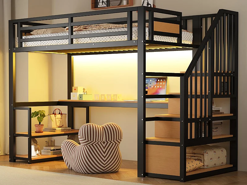 Lit mezzanine en métal 90x200 - avec éclairage LED - avec prise électrique - avec échelle de rangement - avec étagères + table - noir (Matelas non inclus)