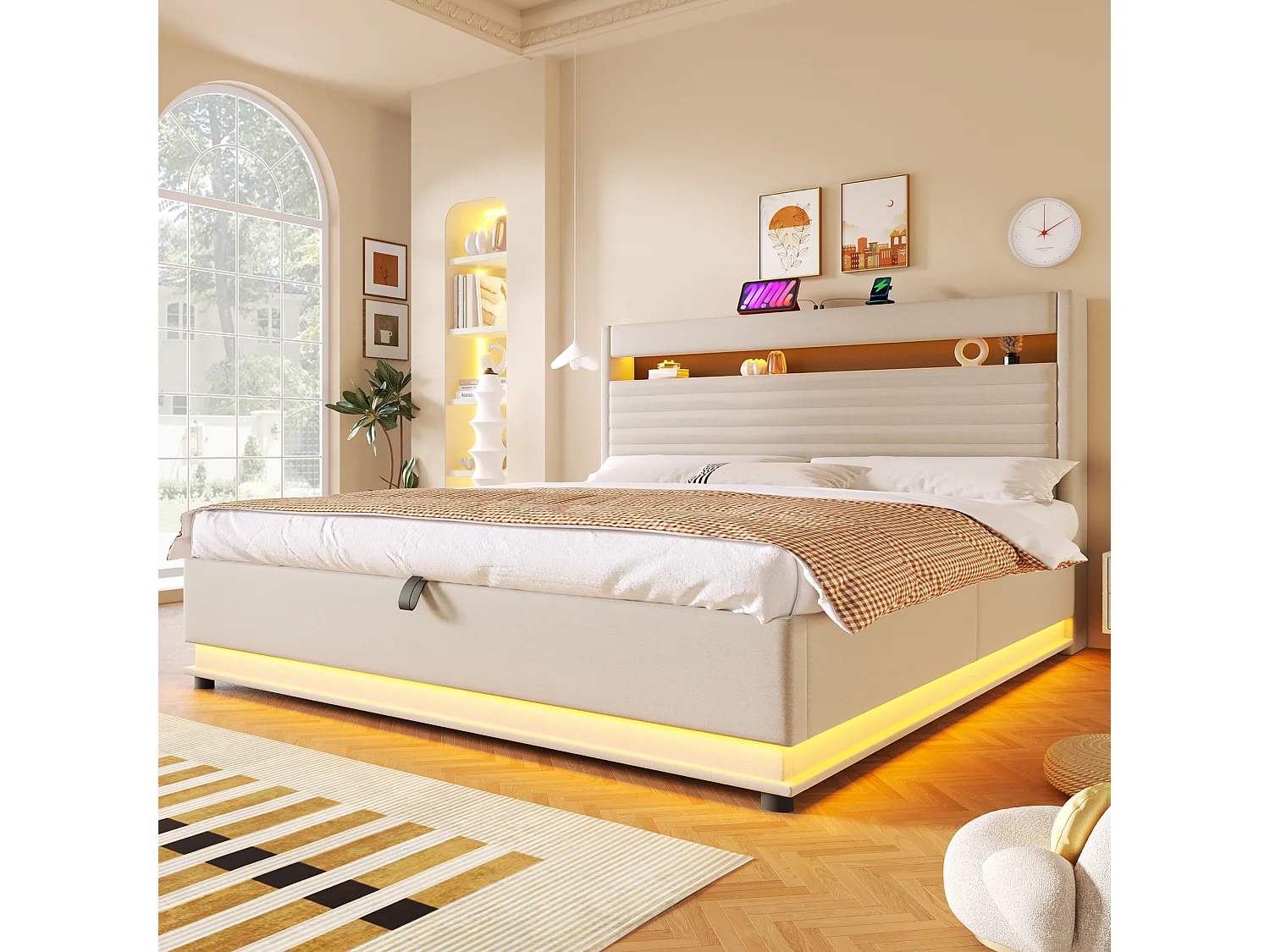 Lit coffre rembourré 180x200 cm - avec port USB Type-C - avec éclairage LED - avec compartiment de rangement - Beige (matelas non inclus)
