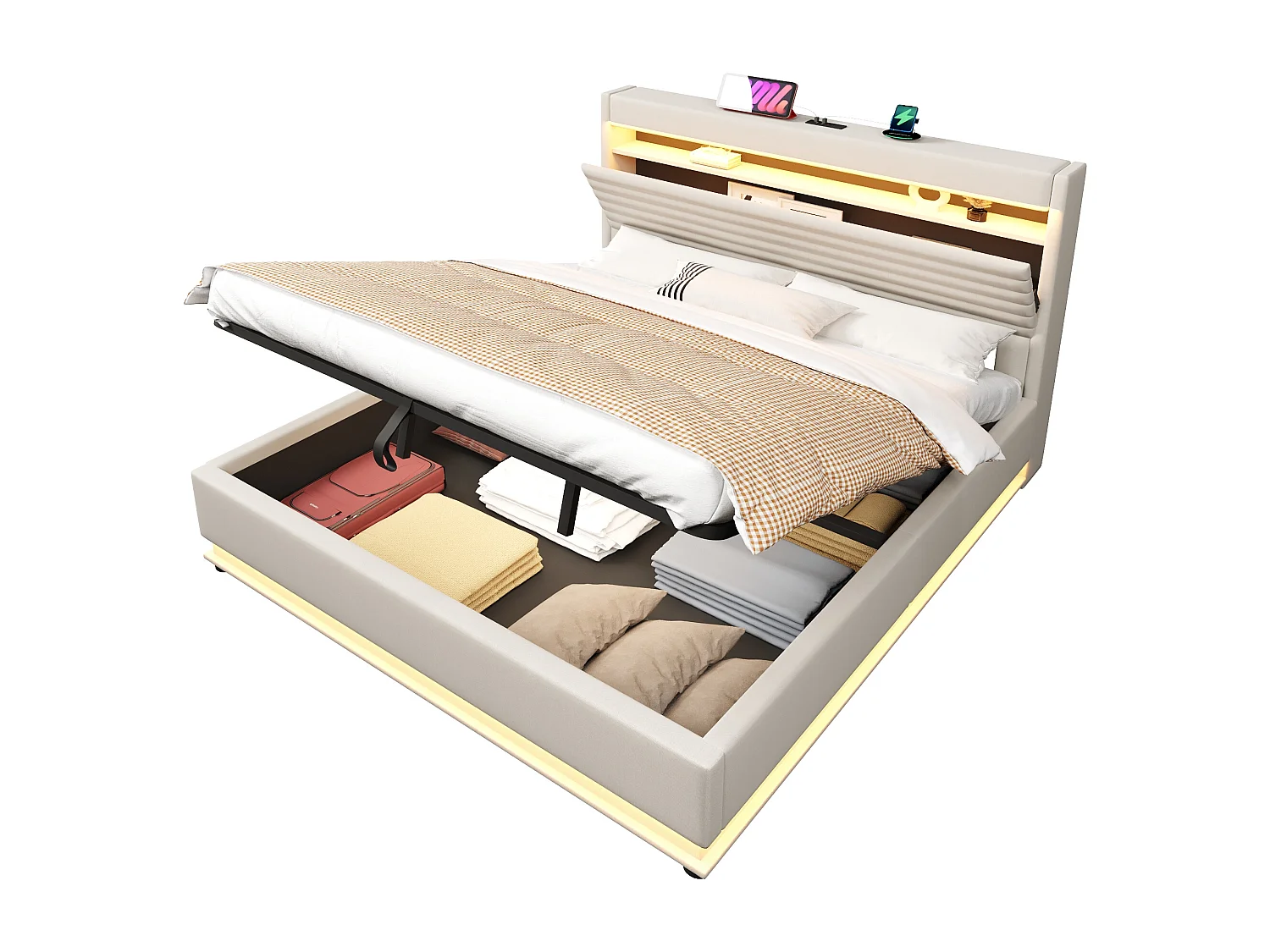 Lit coffre rembourré 180x200 cm - avec port USB Type-C - avec éclairage LED - avec compartiment de rangement - Beige (matelas non inclus)