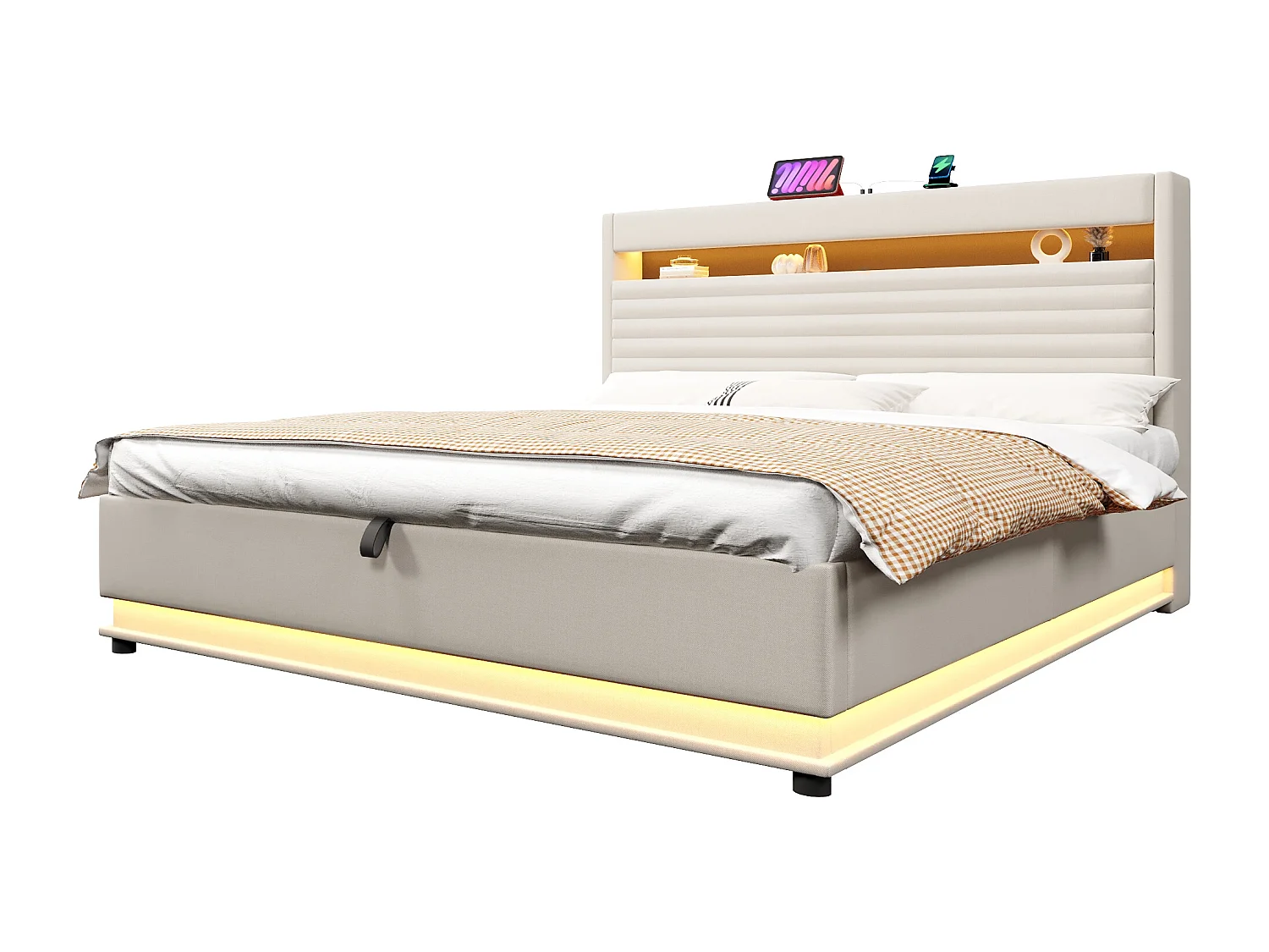 Lit coffre rembourré 180x200 cm - avec port USB Type-C - avec éclairage LED - avec compartiment de rangement - Beige (matelas non inclus)